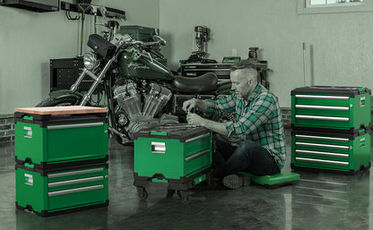 Modular Stackable Storage Toolbox by SK Tools USA, LLC, in green with four drawers for organized storage.