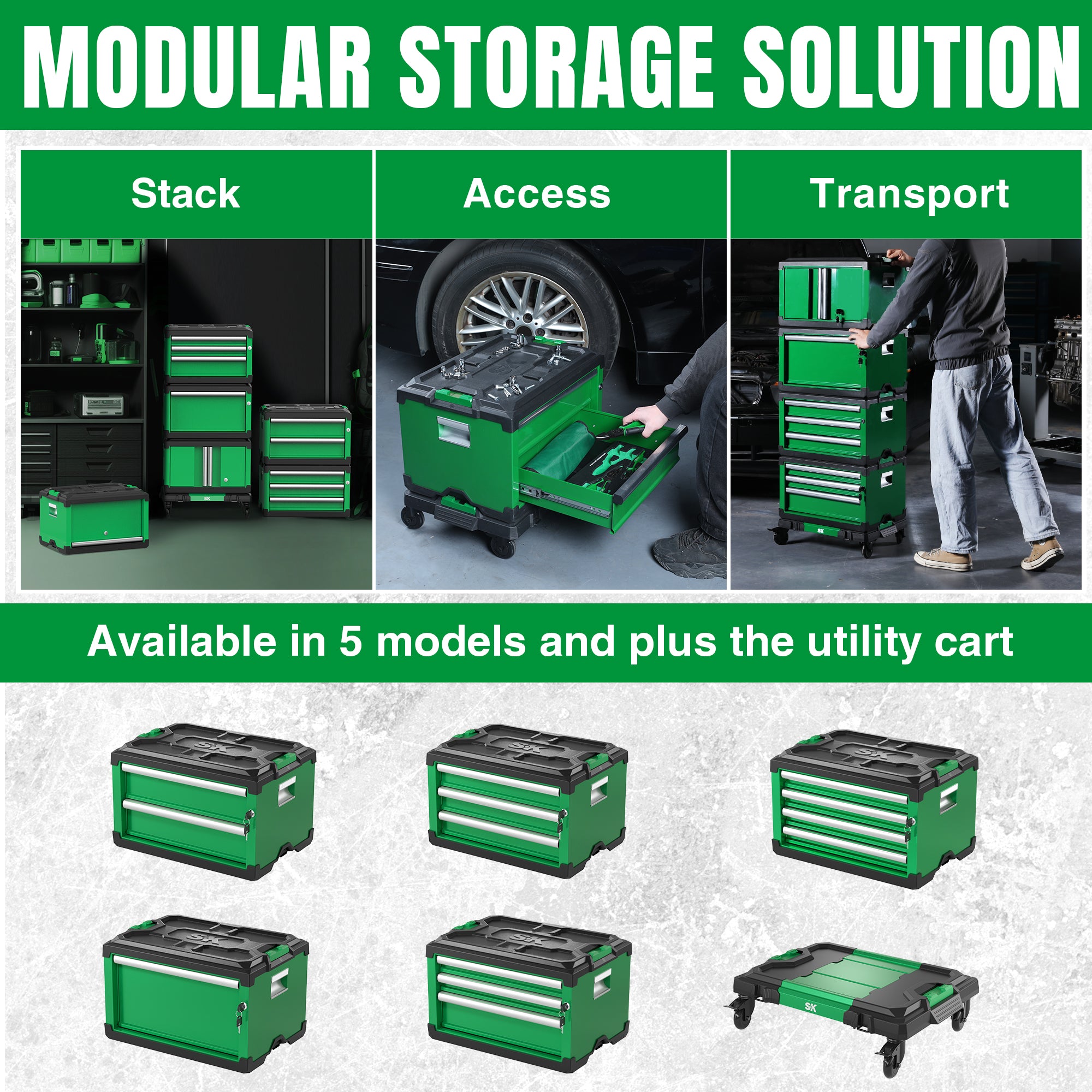 Green SK Tools USA Multi-Purpose Utility Cart with multiple storage compartments and wheels for easy transport