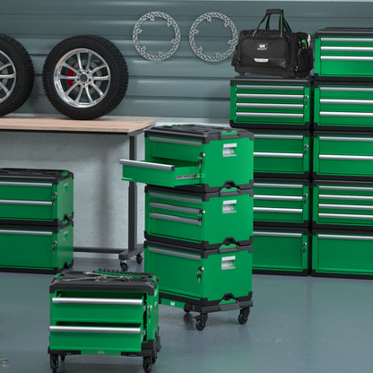 Green SK Tools USA, LLC multi-purpose utility cart with drawers and wheels for easy mobility in a workshop setting