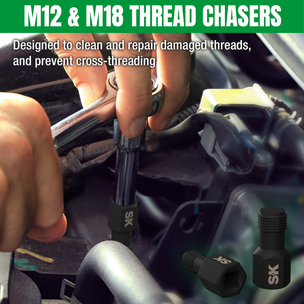 5 Piece O2 Oxygen Sensor Socket Set by SK Tools USA, LLC with M12 and M18 thread chasers for thread repair