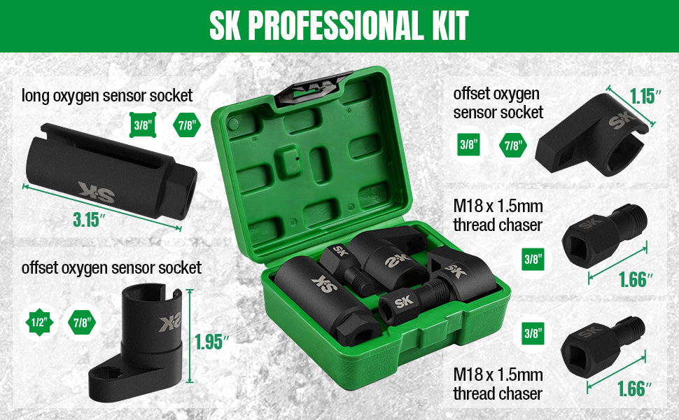 5 Piece O2 Oxygen Sensor Socket Set by SK Tools USA, LLC in a green storage case with various socket sizes