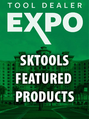 Green background with text: 'TOOL DEALER EXPO' and 'SKTOOLS FEATURED PRODUCTS' over a building.